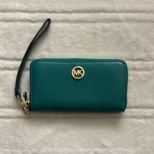 Michael Kors turquoise Teal Wristlet wallet with Gold Logo pebbled leather